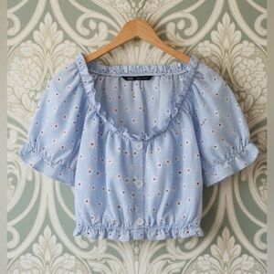 Zara Blue Floral Puff Sleeve Ruffled Crop Top